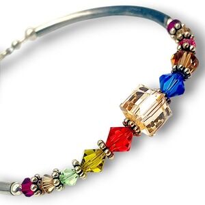 Bangle Bracelet Multi-Color Crystal Heart Toggle Silver Tone Rainbow Pride